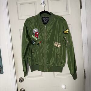 Chocolate Green Bomber Jacket with Patches Juniors Sz Large